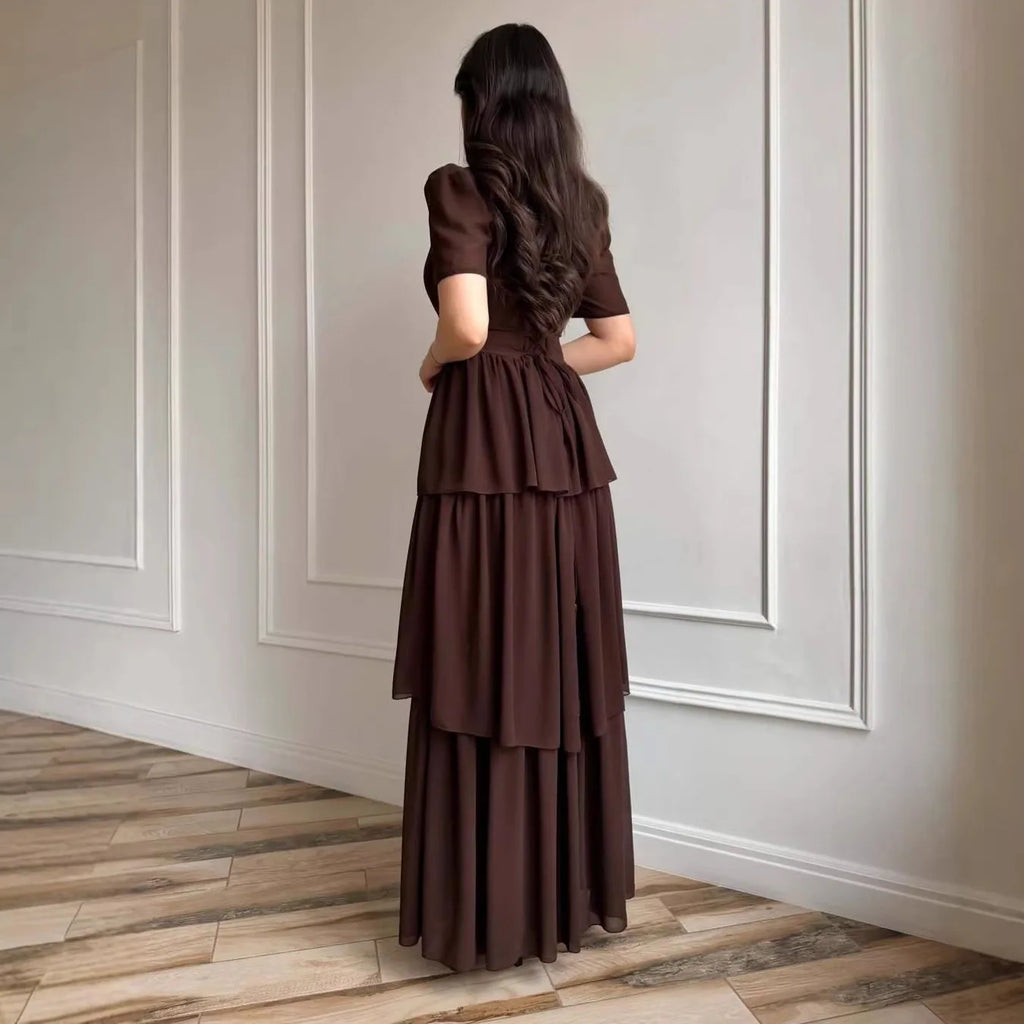 Women's Pleated Mid-Calf Dress – Short Sleeve Slim Fit Solid Color Dress