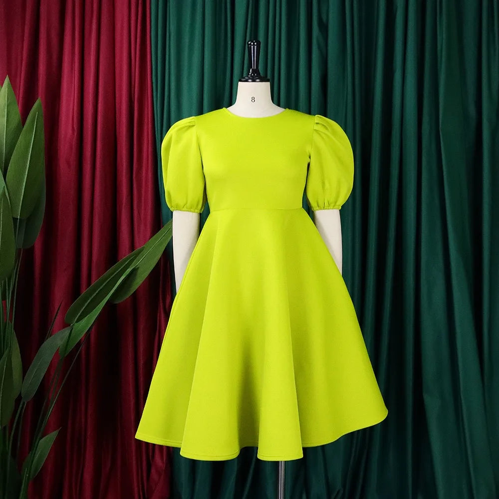 O-Neck Pleated Party Dress – Short Sleeve High-Waisted Mid-Calf Birthday Dinner Dress