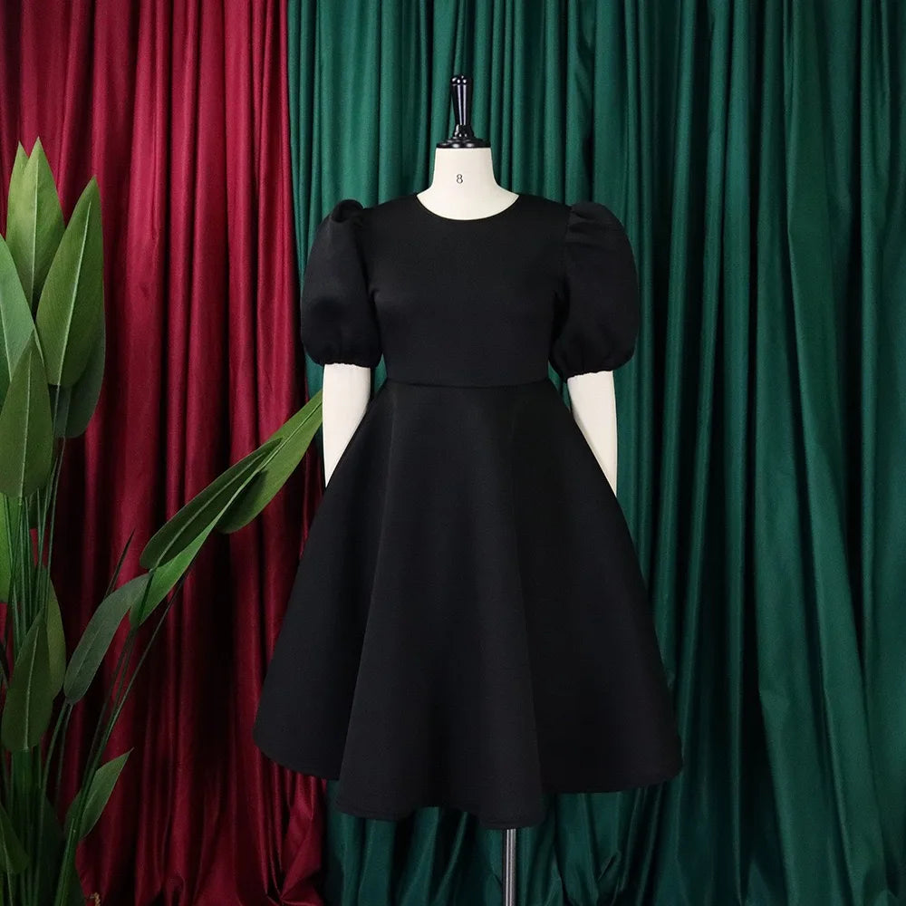 O-Neck Pleated Party Dress – Short Sleeve High-Waisted Mid-Calf Birthday Dinner Dress