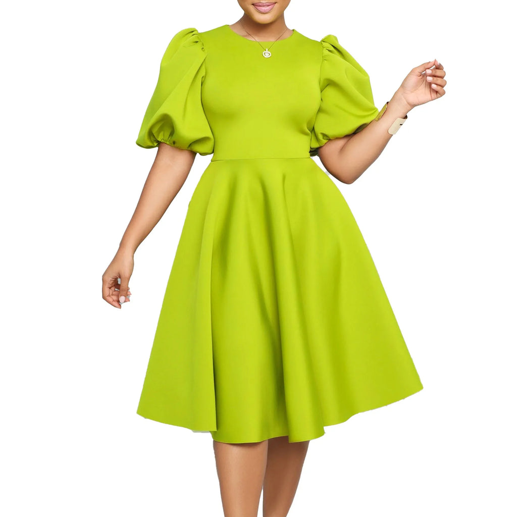 O-Neck Pleated Party Dress – Short Sleeve High-Waisted Mid-Calf Birthday Dinner Dress