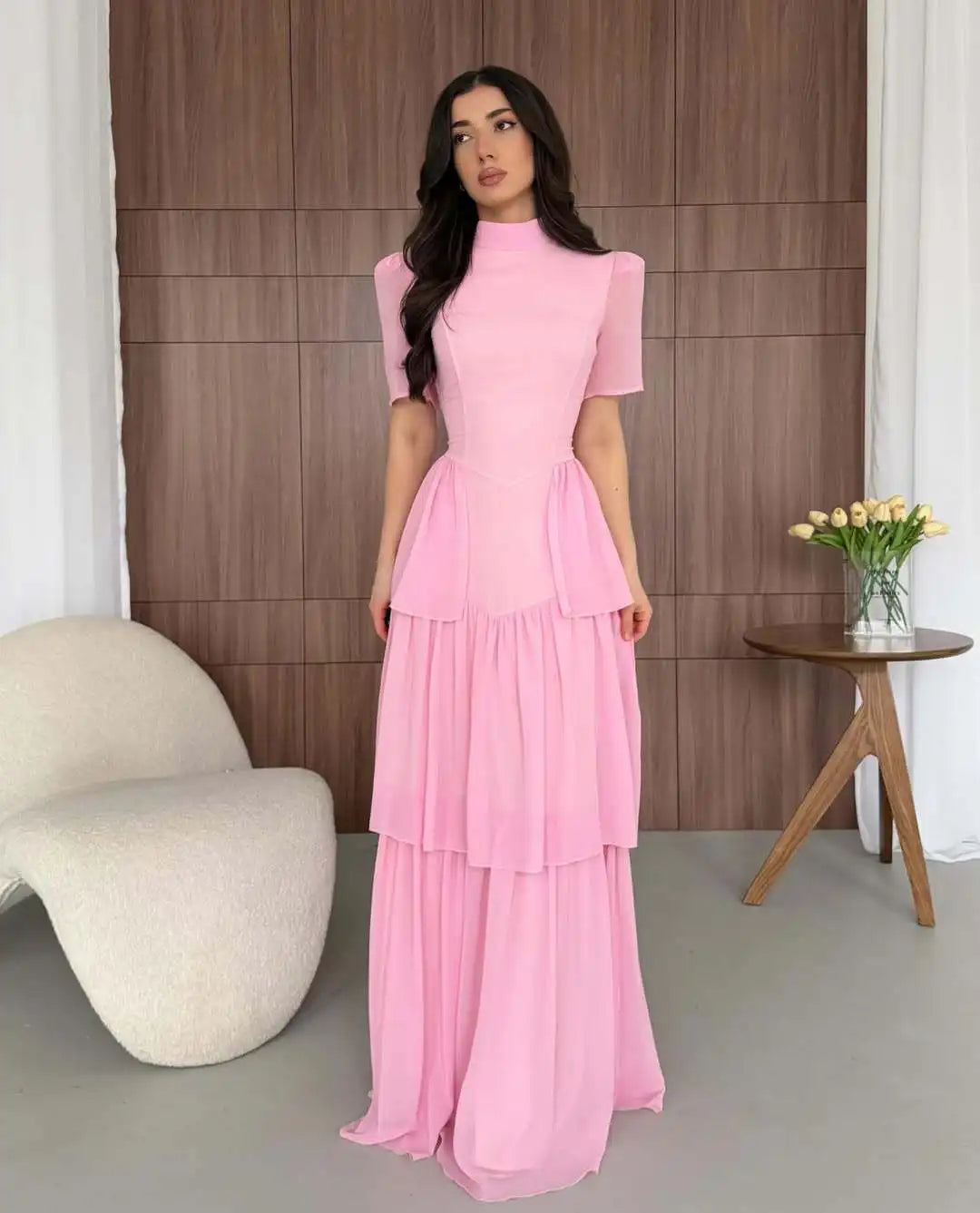 Women's Pleated Mid-Calf Dress – Short Sleeve Slim Fit Solid Color Dress
