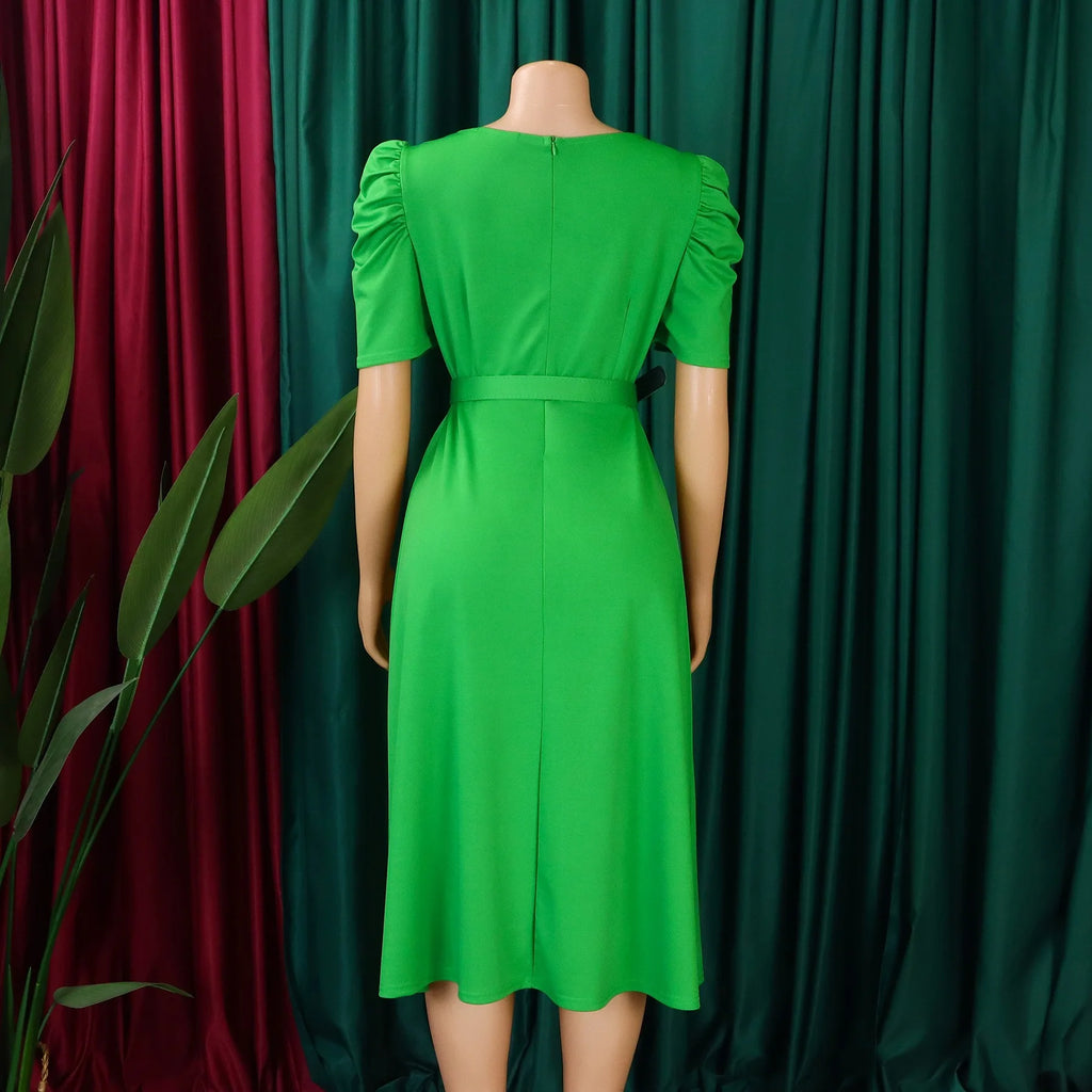 V-Neck Pleated Party Dress – Short Sleeve Belted Mid-Calf Birthday Dinner Dress