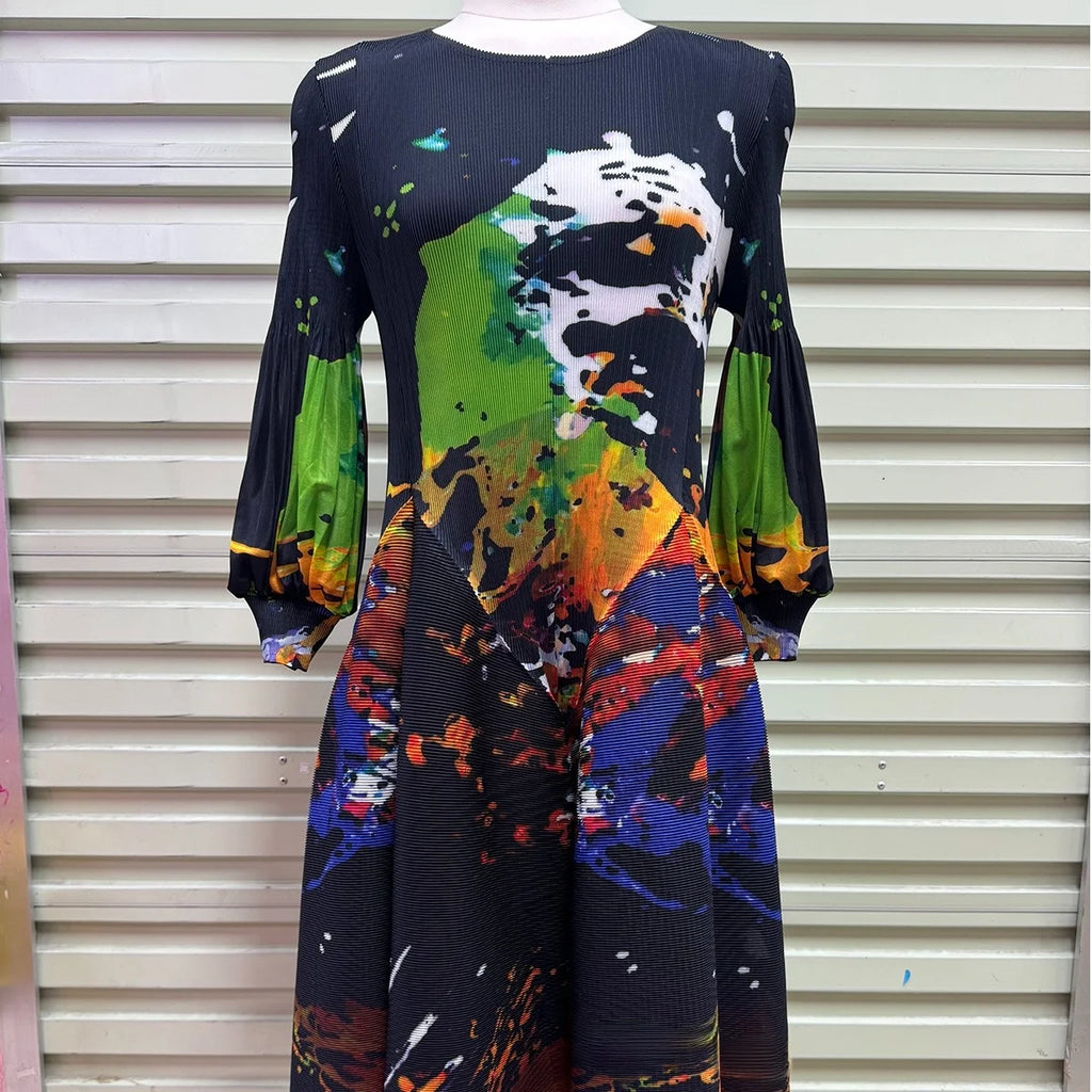 Hepburn-Style Pleated Printed Long Dress – Elastic Plus Size