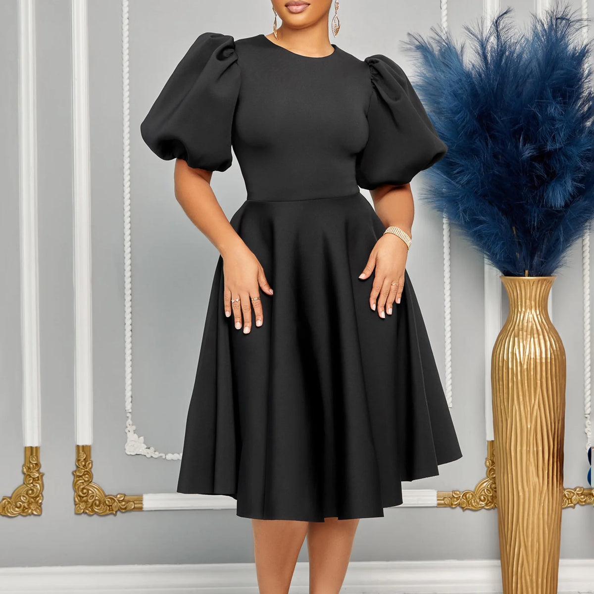 O-Neck Pleated Party Dress – Short Sleeve High-Waisted Mid-Calf Birthday Dinner Dress