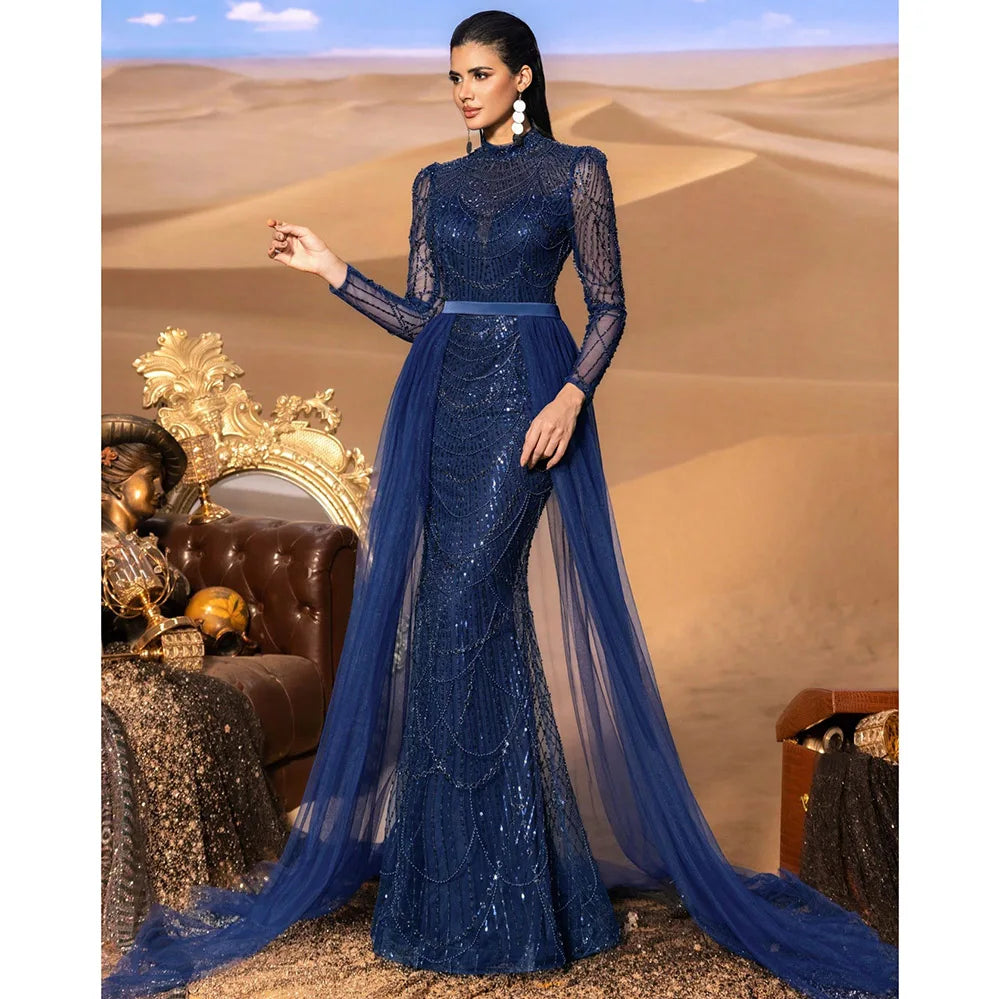 Long Sleeve Mermaid Wedding Evening Gown – Sequined with Detachable Train