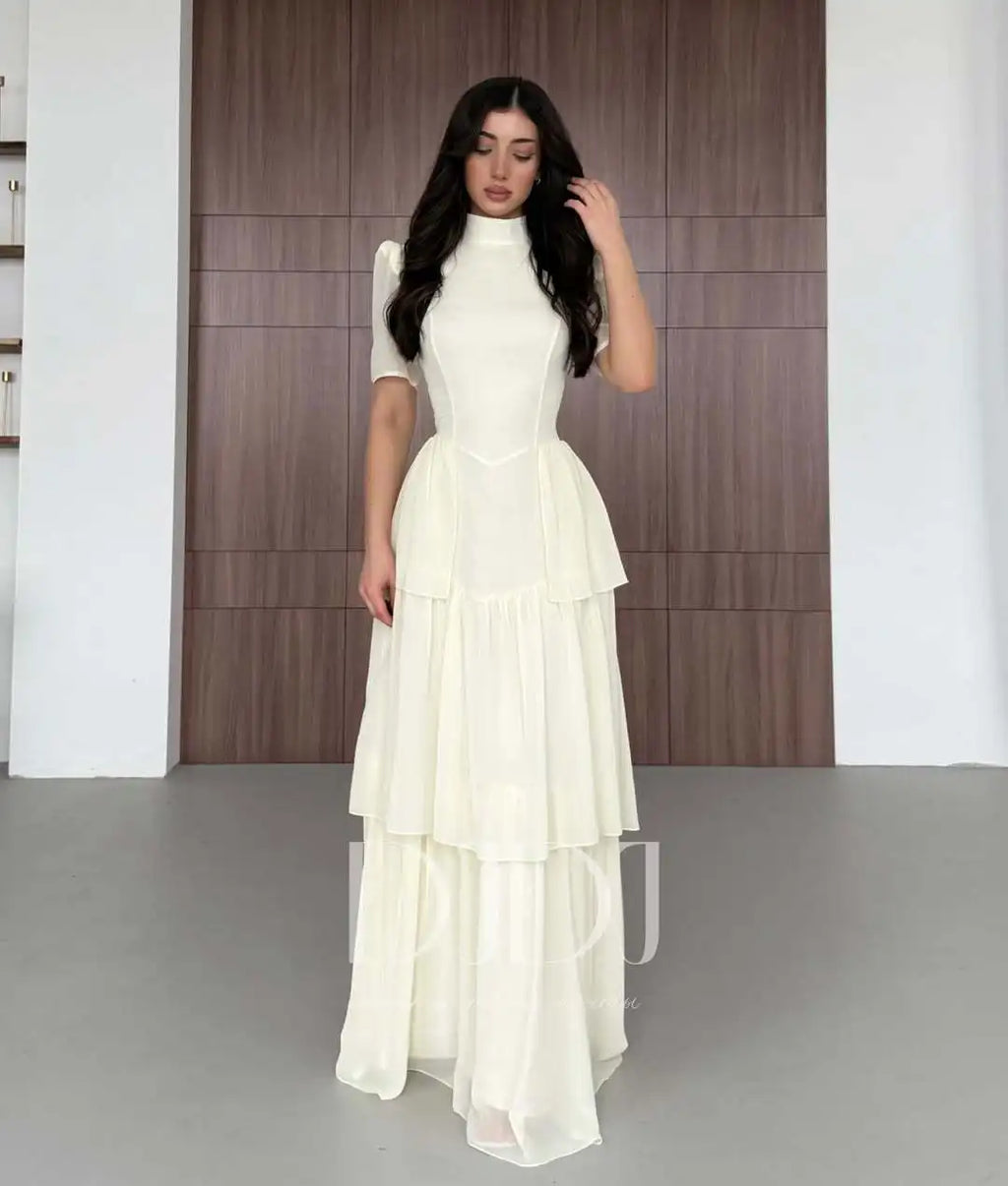 Women's Pleated Mid-Calf Dress – Short Sleeve Slim Fit Solid Color Dress
