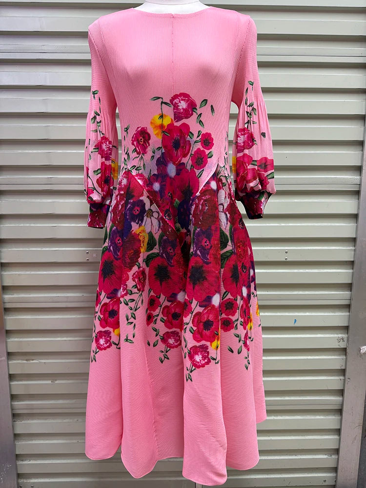 Hepburn-Style Pleated Printed Long Dress – Elastic Plus Size