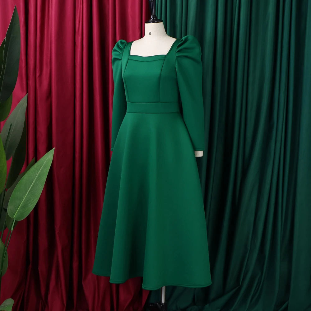 Square-Neck Pleated Wedding Guest Dress – Long Sleeve High-Waisted Mid-Calf