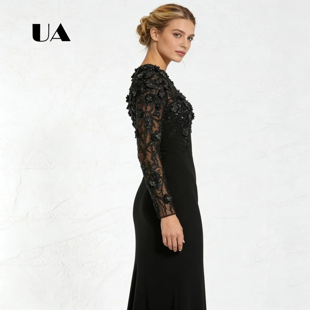 Mermaid Prom Dress with Flower Appliqués – O-Neck Evening Gown with Back Slit