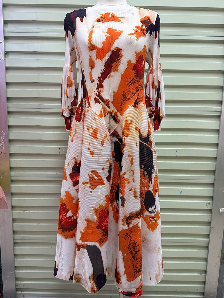 Hepburn-Style Pleated Printed Long Dress – Elastic Plus Size