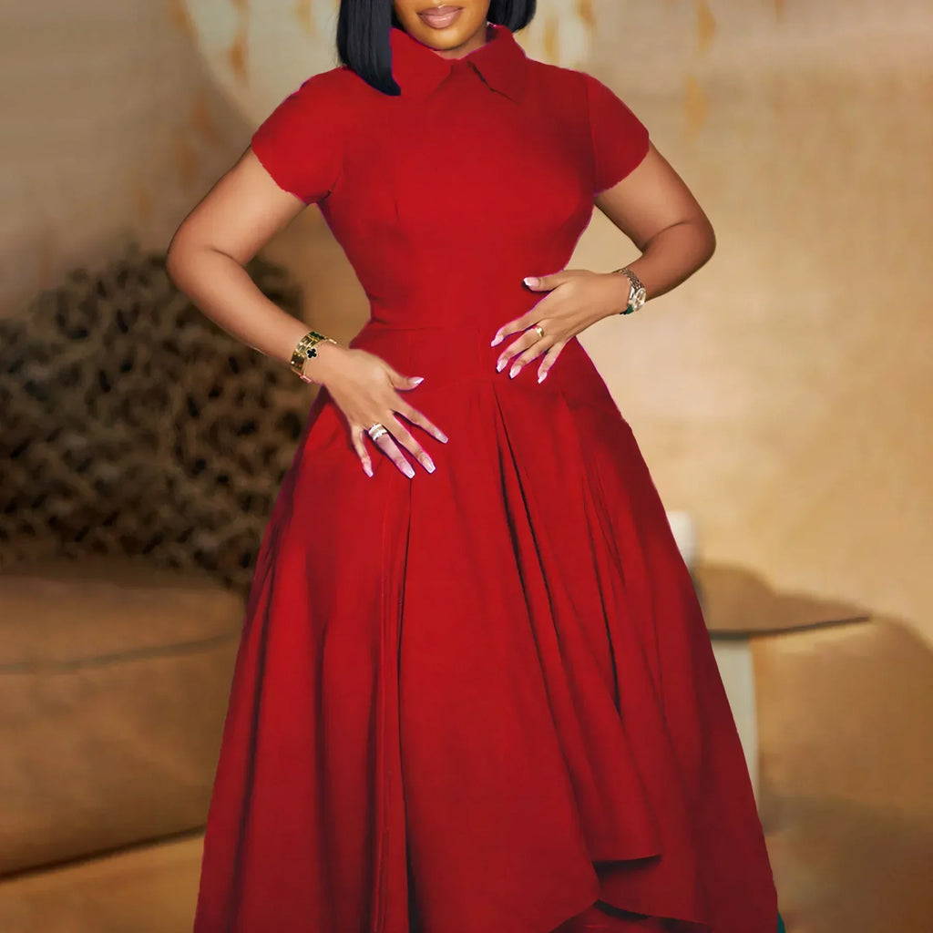 Modest African-Style Church Dress – Pleated A-Line, Short Sleeve