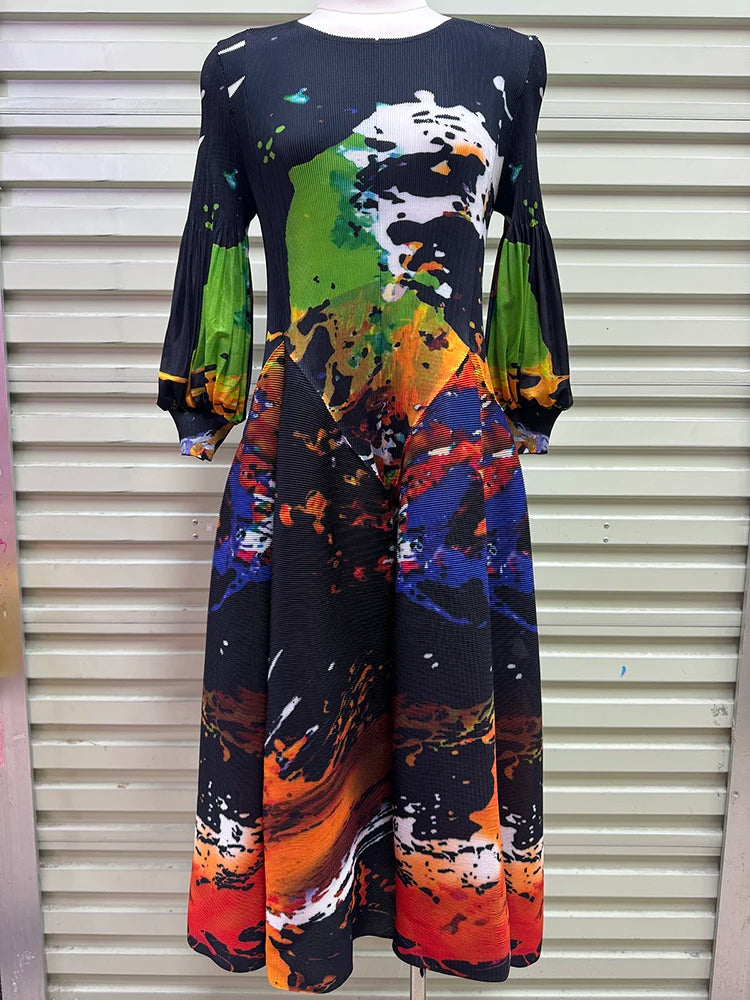 Hepburn-Style Pleated Printed Long Dress – Elastic Plus Size