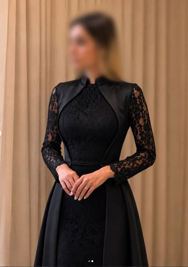Satin Evening Dress – High Neck Long Lace Sleeve Wedding Guest Prom Gown