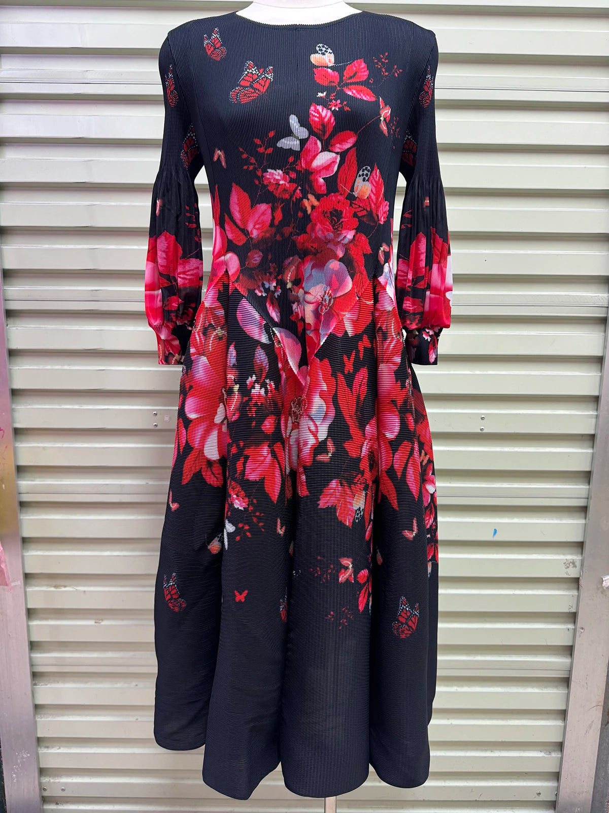 Hepburn-Style Pleated Printed Long Dress – Elastic Plus Size