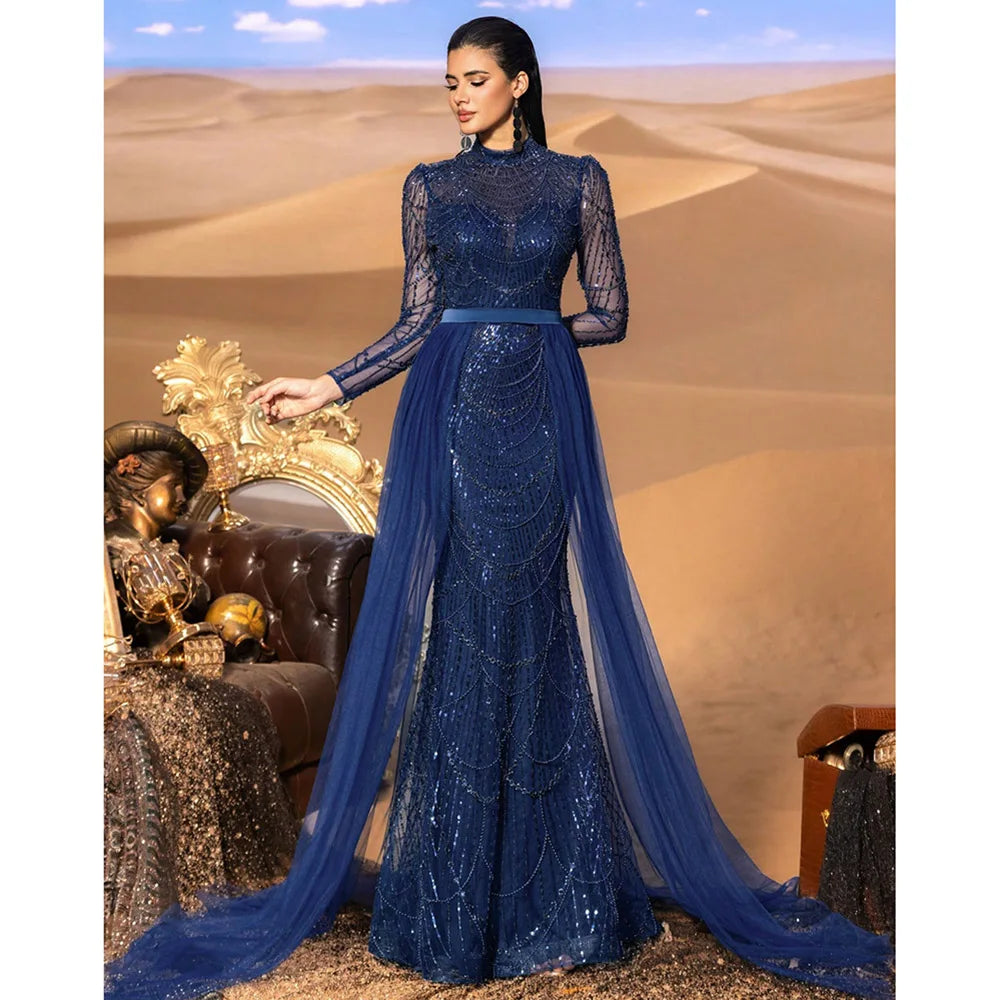Long Sleeve Mermaid Wedding Evening Gown – Sequined with Detachable Train