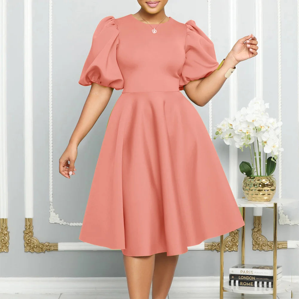 O-Neck Pleated Party Dress – Short Sleeve High-Waisted Mid-Calf Birthday Dinner Dress
