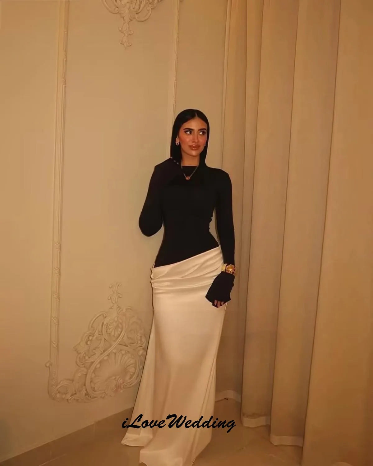 Satin Long Sleeve Evening Gown – Floor-Length Formal Wedding Party Dress