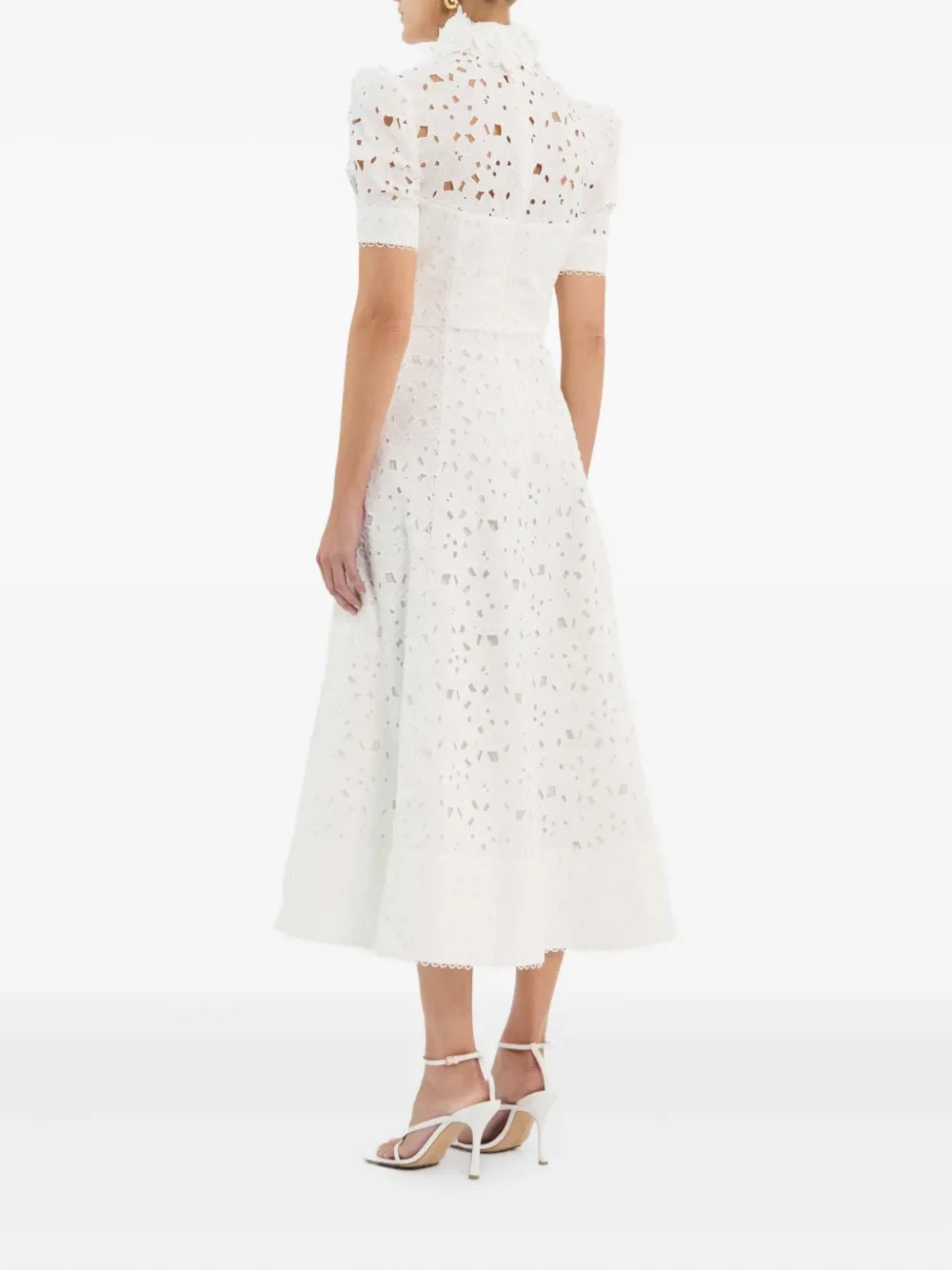 High-Collar Lace Evening Dress – Short Sleeve A-Line Tea-Length Cut-Out Prom Gown