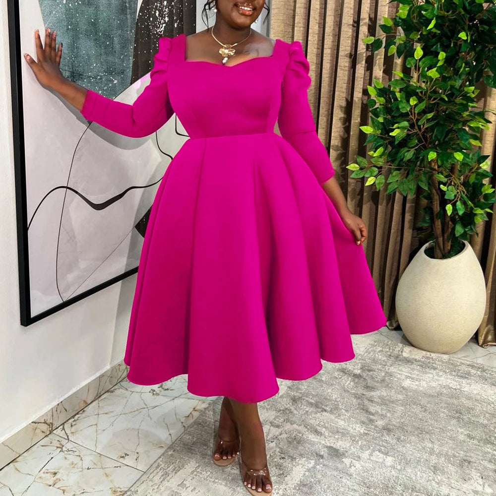 Square-Neck Pleated Wedding Guest Dress – Long Sleeve High-Waisted Mid-Calf