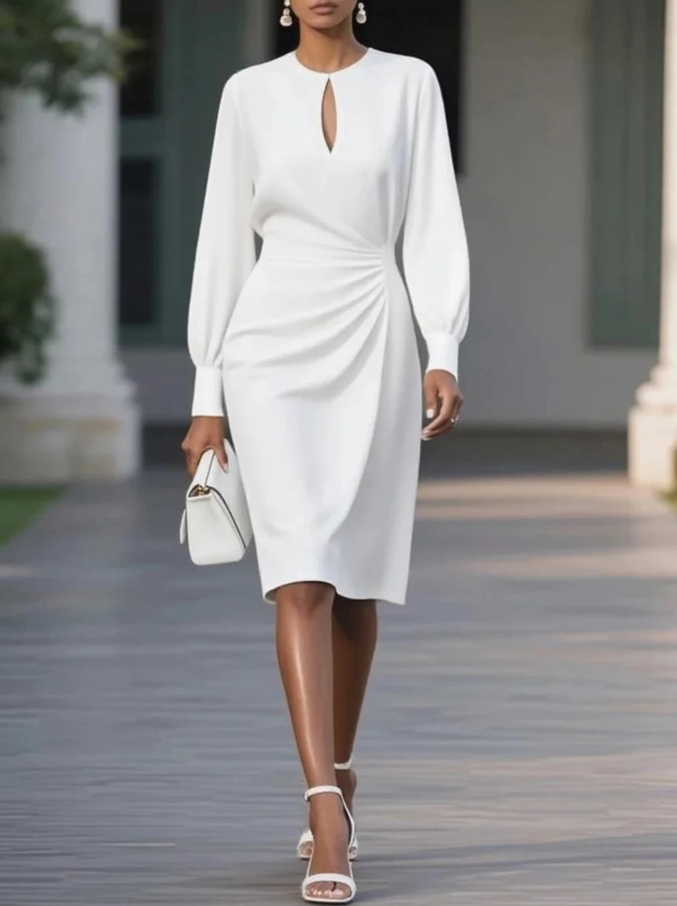 Hollow-Out O-Neck Office Dress – Long Sleeve Slim A-Line Party Dress