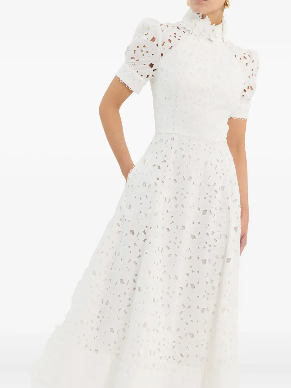 High-Collar Lace Evening Dress – Short Sleeve A-Line Tea-Length Cut-Out Prom Gown