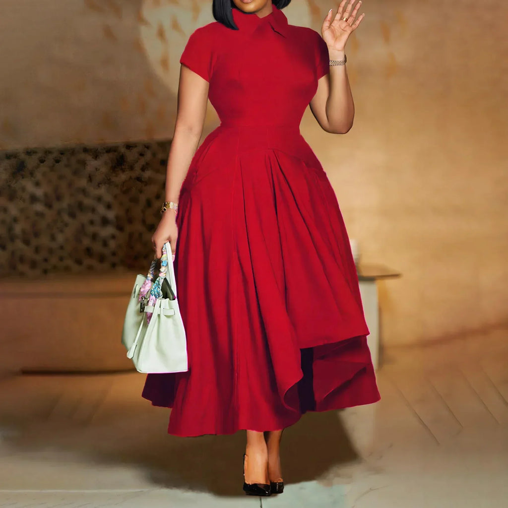 Modest African-Style Church Dress – Pleated A-Line, Short Sleeve