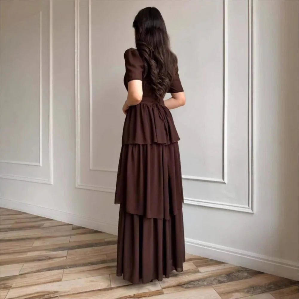 Women's Pleated Mid-Calf Dress – Short Sleeve Slim Fit Solid Color Dress