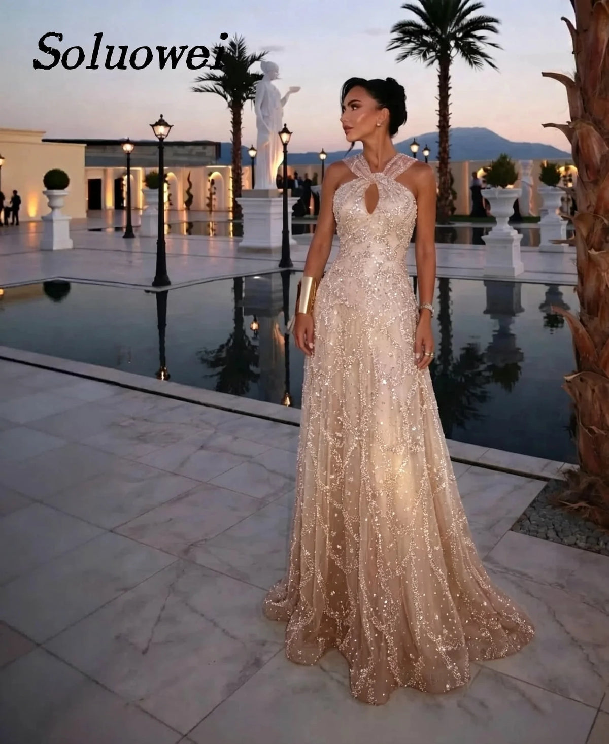 Beaded Halter Evening Gown – Criss-Cross Sequin A-Line Floor-Length Prom Dress