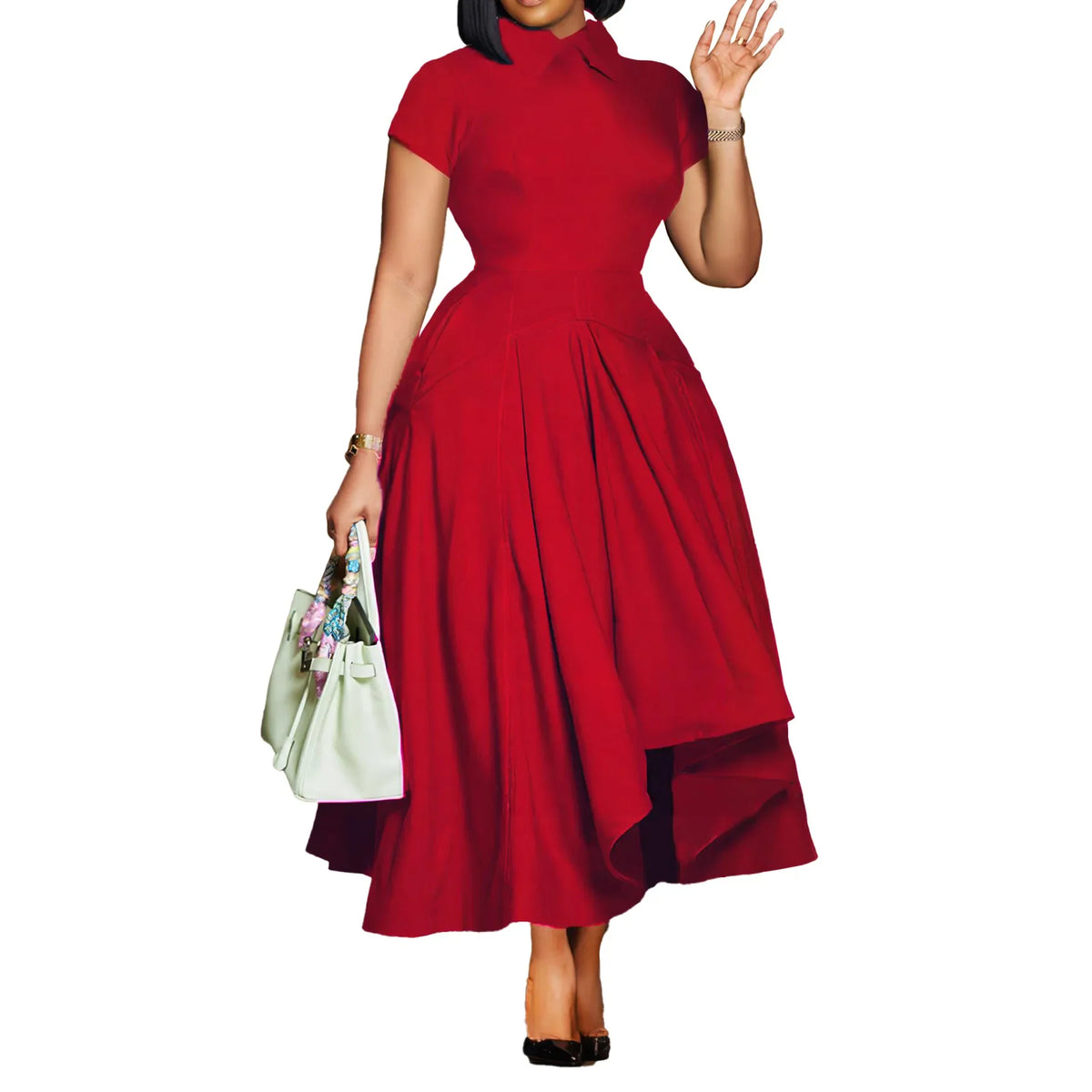 Modest African-Style Church Dress – Pleated A-Line, Short Sleeve