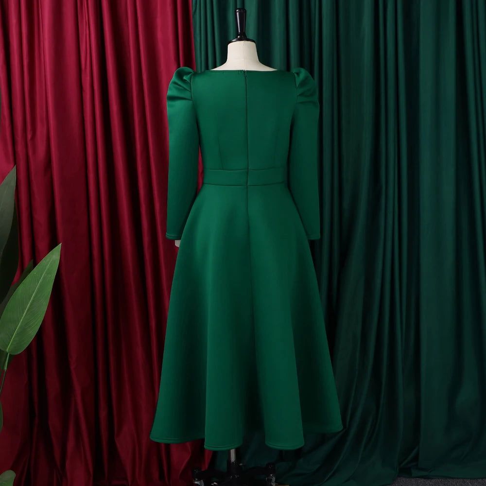 Square-Neck Pleated Wedding Guest Dress – Long Sleeve High-Waisted Mid-Calf