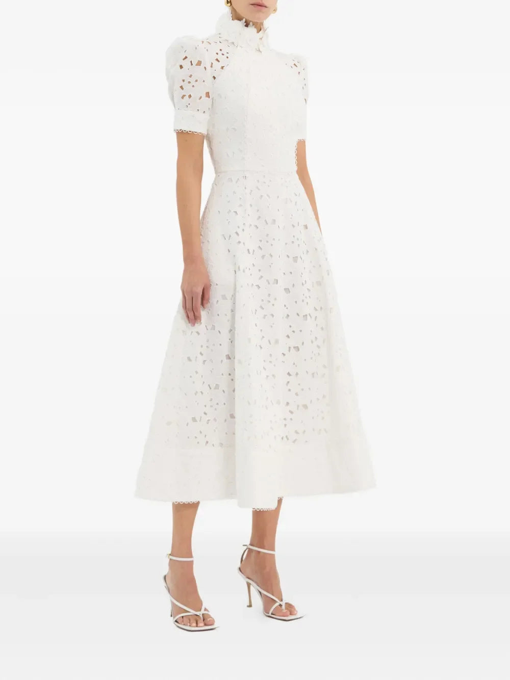 High-Collar Lace Evening Dress – Short Sleeve A-Line Tea-Length Cut-Out Prom Gown