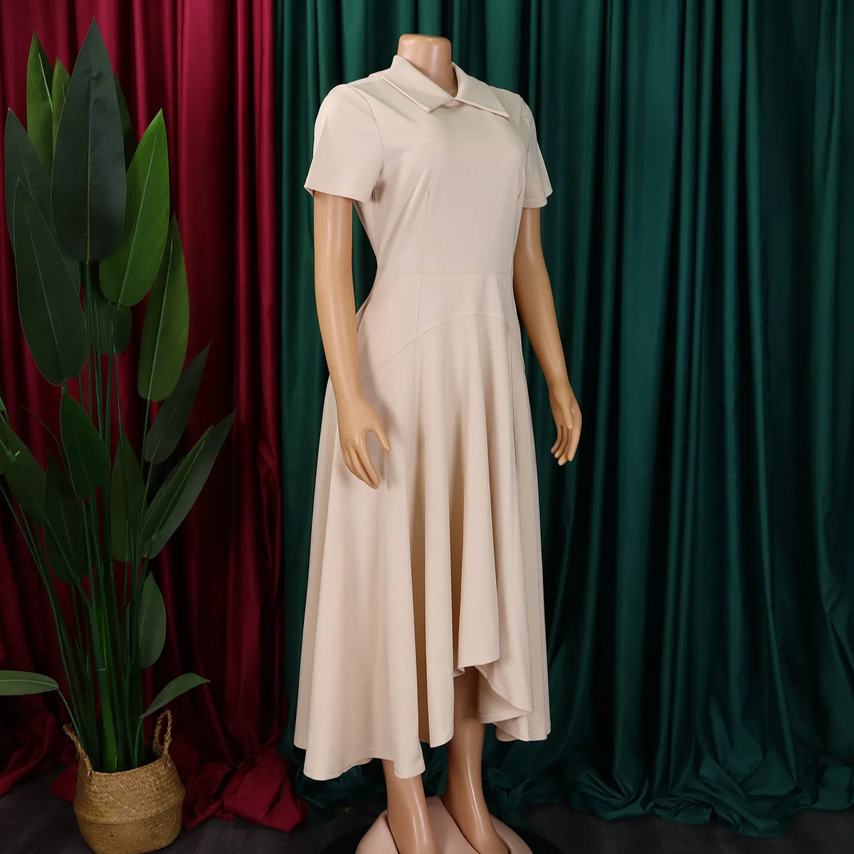 Modest African-Style Church Dress – Pleated A-Line, Short Sleeve