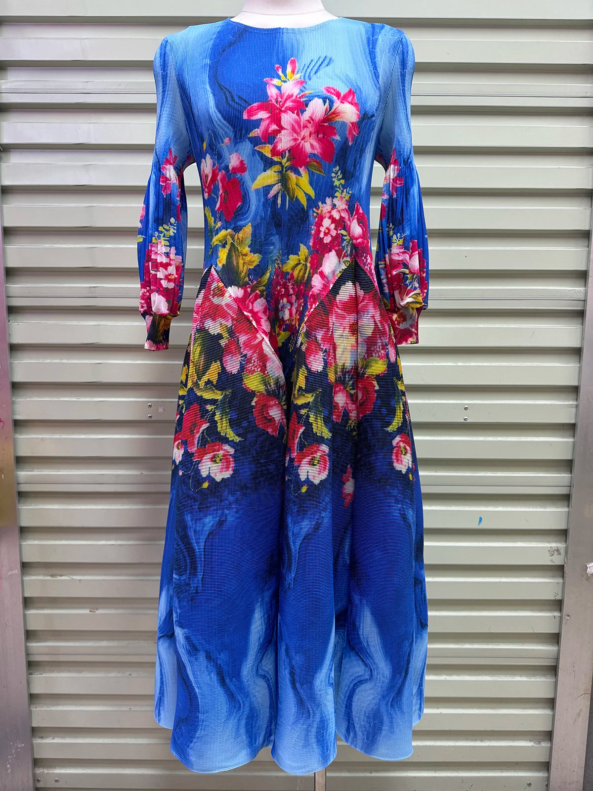 Hepburn-Style Pleated Printed Long Dress – Elastic Plus Size