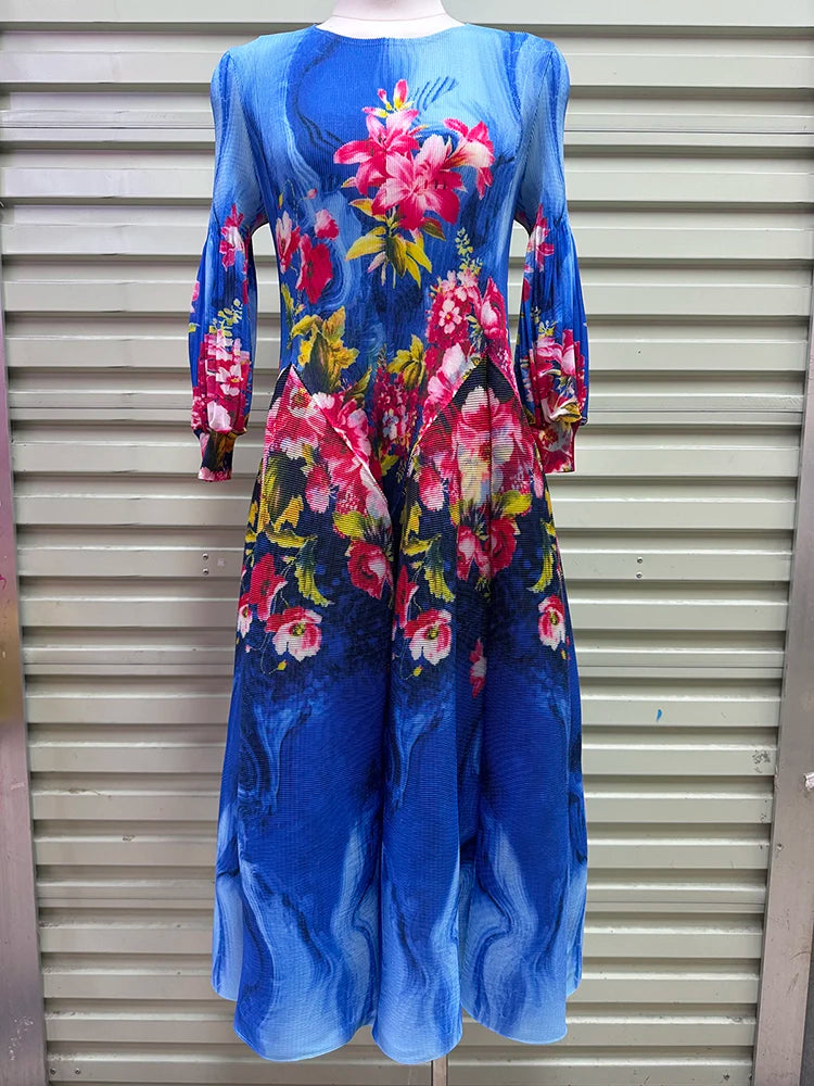 Hepburn-Style Pleated Printed Long Dress – Elastic Plus Size