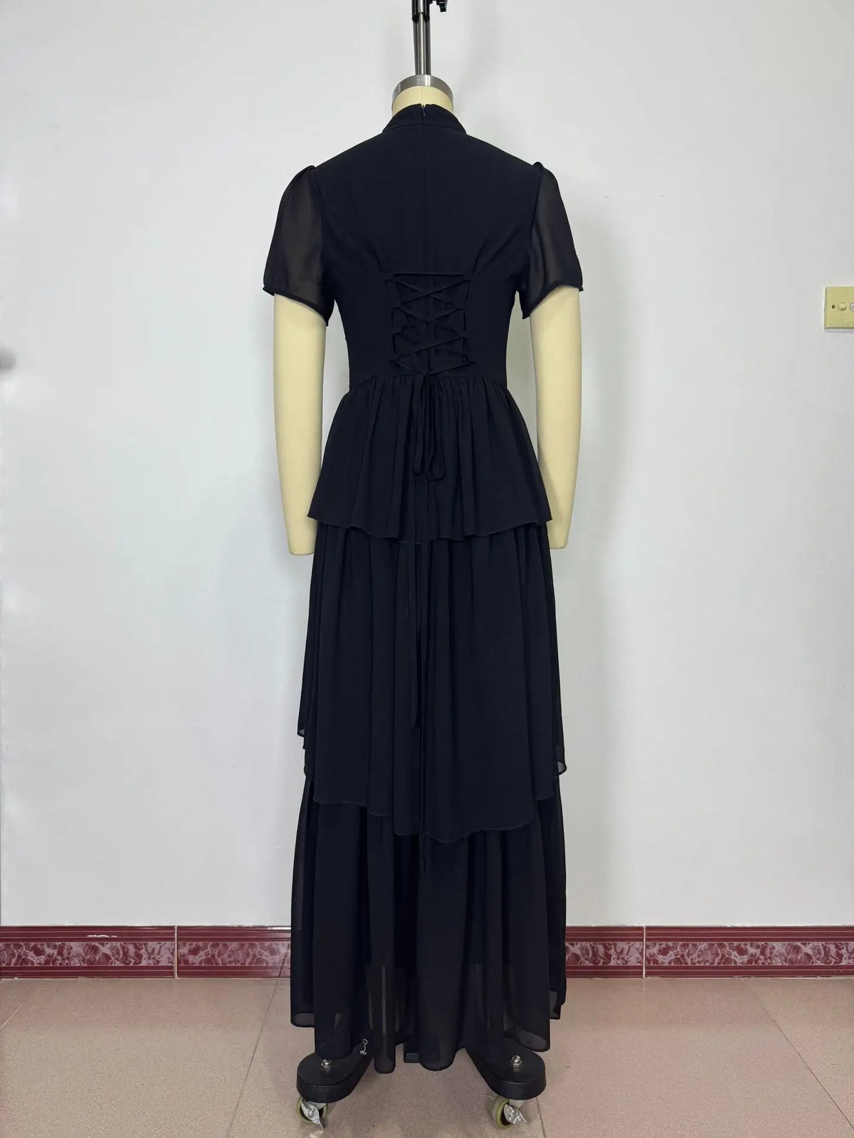 Women's Pleated Mid-Calf Dress – Short Sleeve Slim Fit Solid Color Dress