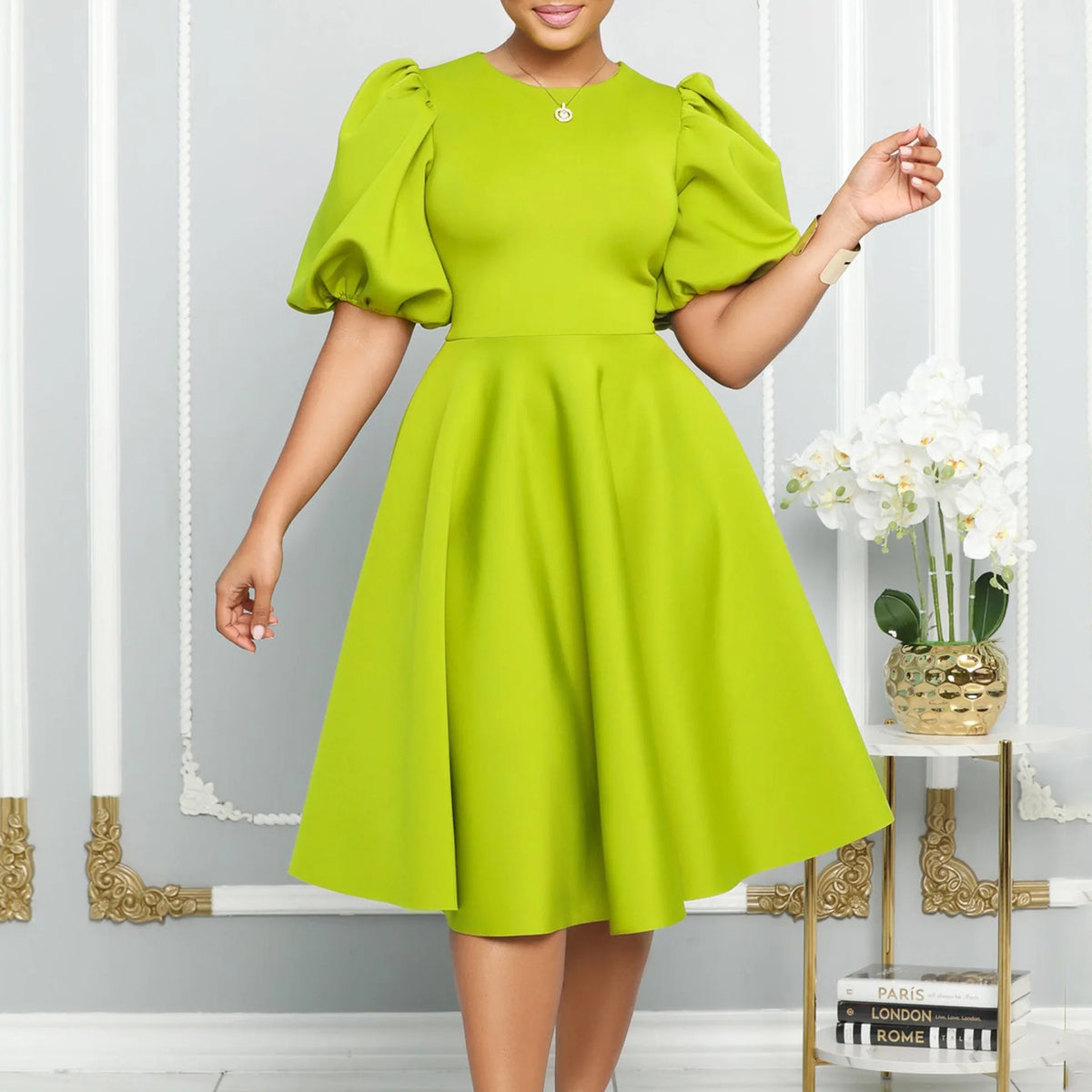 O-Neck Pleated Party Dress – Short Sleeve High-Waisted Mid-Calf Birthday Dinner Dress