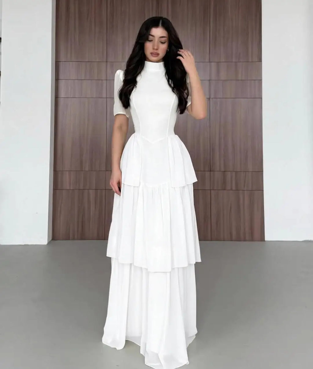 Women's Pleated Mid-Calf Dress – Short Sleeve Slim Fit Solid Color Dress