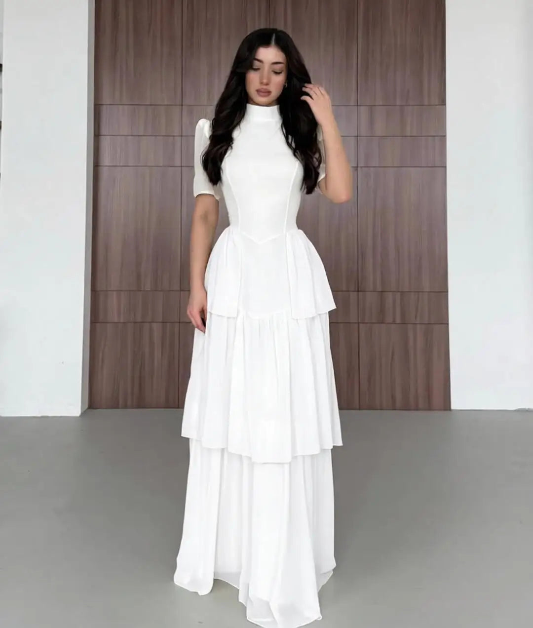 Women's Pleated Mid-Calf Dress – Short Sleeve Slim Fit Solid Color Dress
