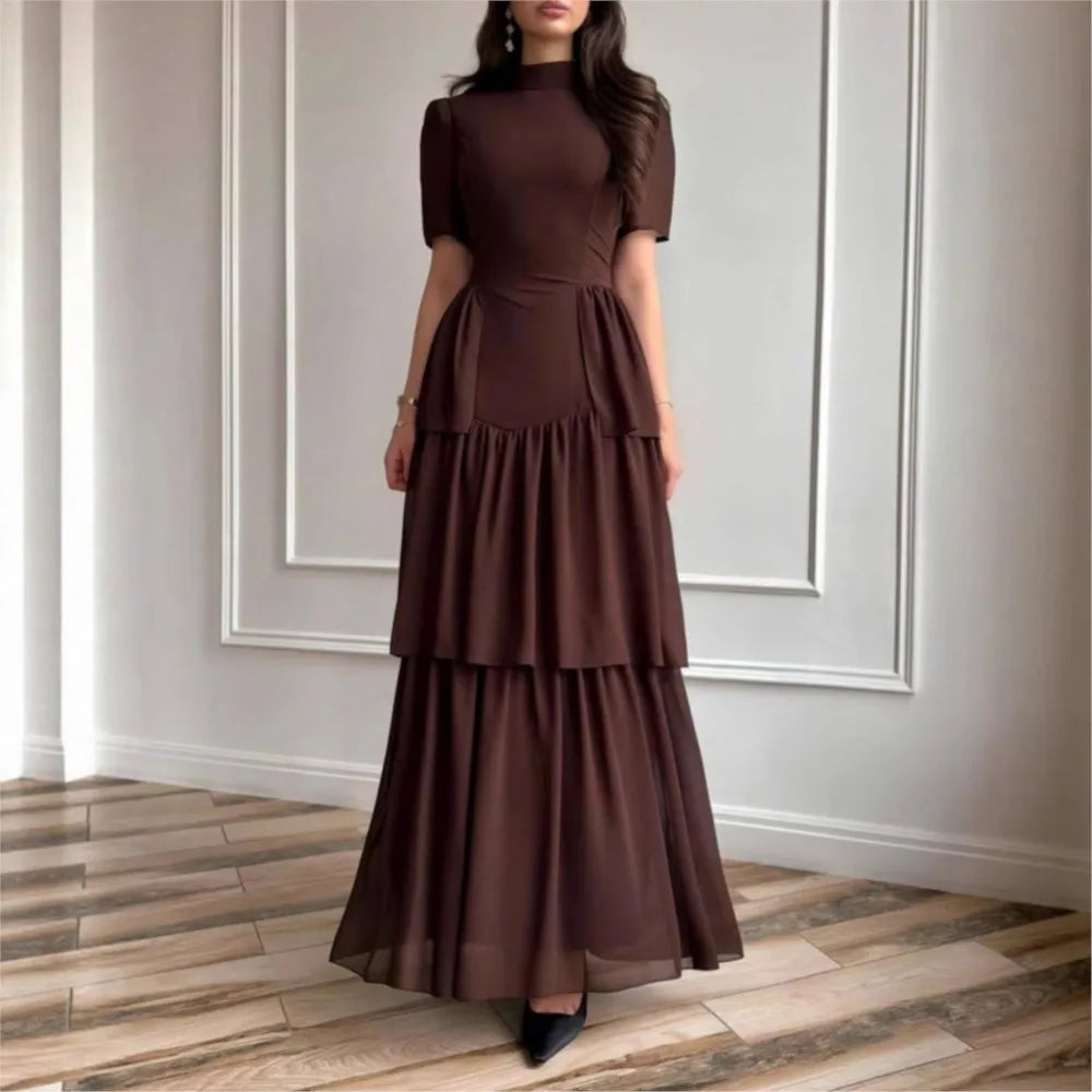 Women's Pleated Mid-Calf Dress – Short Sleeve Slim Fit Solid Color Dress