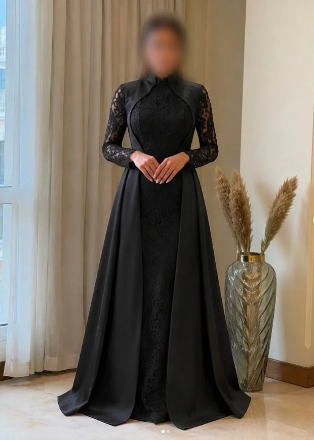 Satin Evening Dress – High Neck Long Lace Sleeve Wedding Guest Prom Gown
