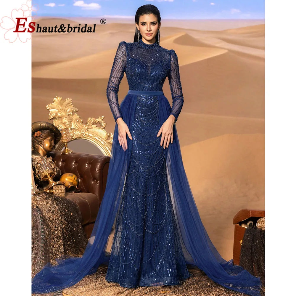 Long Sleeve Mermaid Wedding Evening Gown – Sequined with Detachable Train