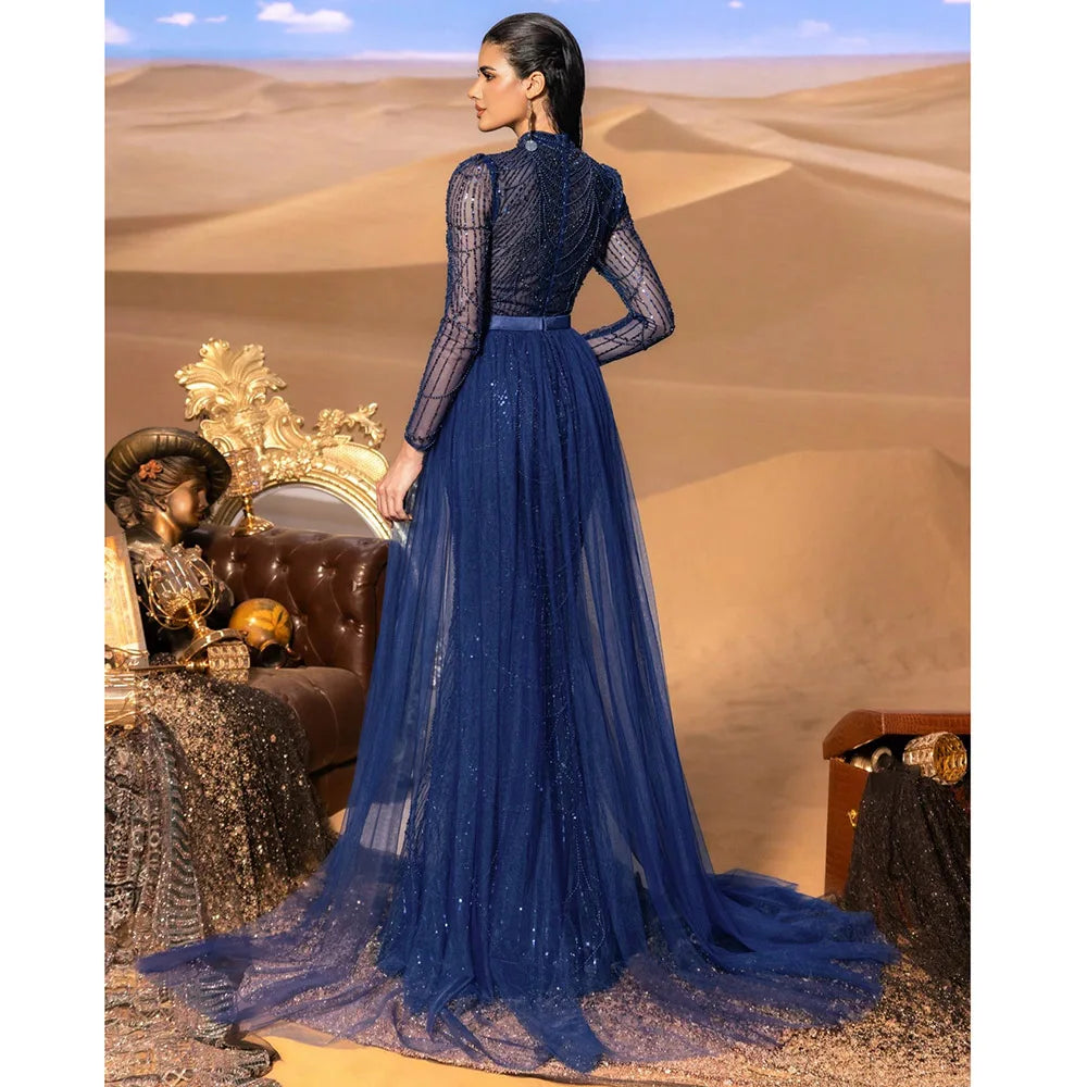 Long Sleeve Mermaid Wedding Evening Gown – Sequined with Detachable Train