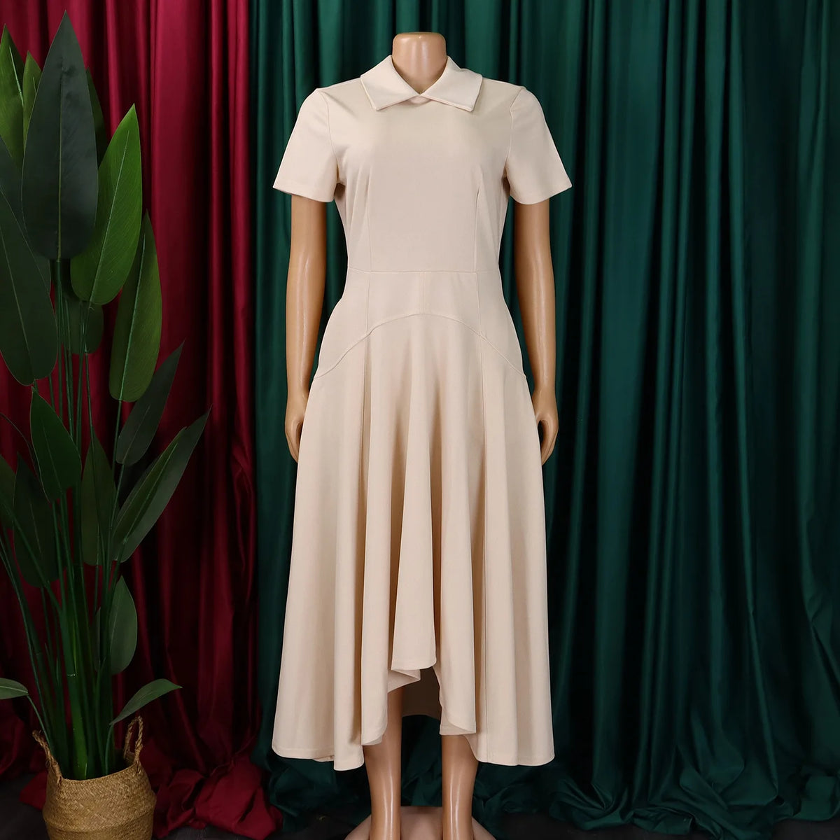Modest African-Style Church Dress – Pleated A-Line, Short Sleeve