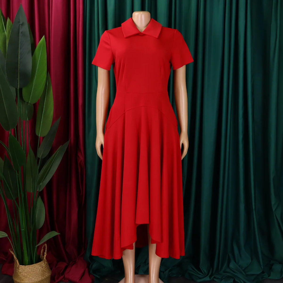 Modest African-Style Church Dress – Pleated A-Line, Short Sleeve