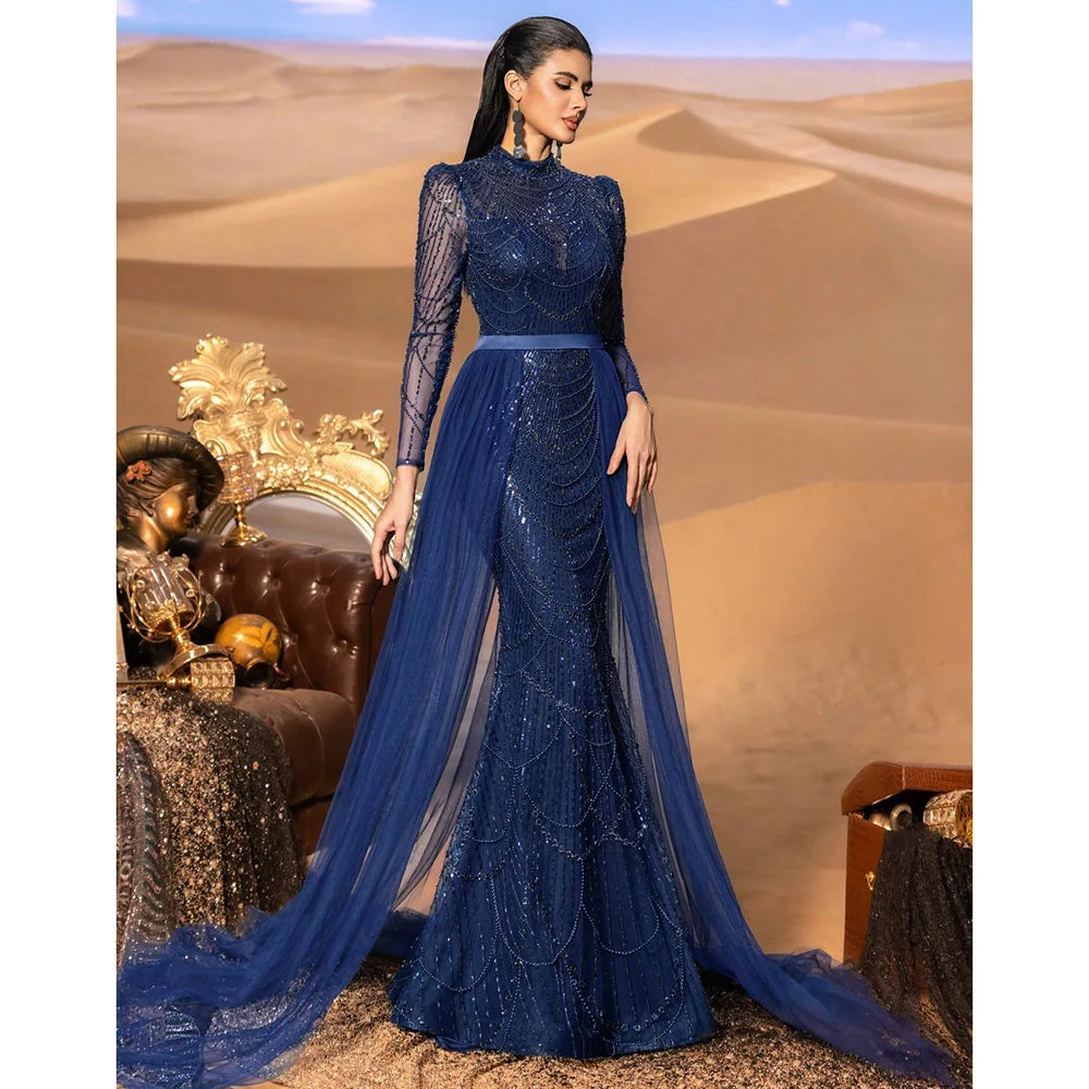 Long Sleeve Mermaid Wedding Evening Gown – Sequined with Detachable Train