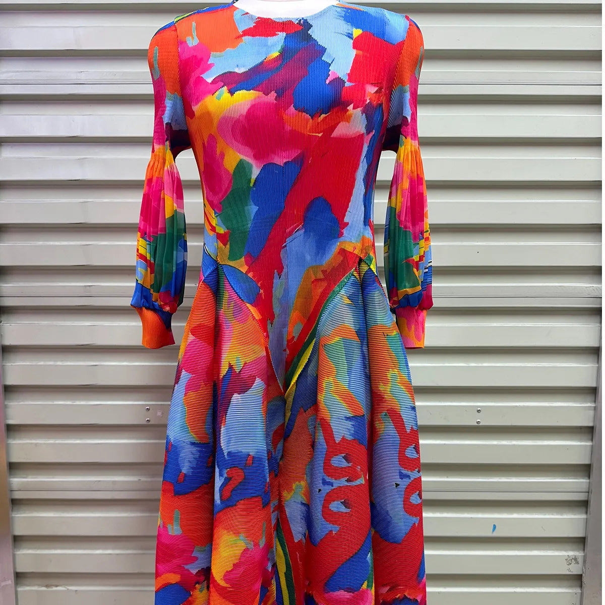 Hepburn-Style Pleated Printed Long Dress – Elastic Plus Size