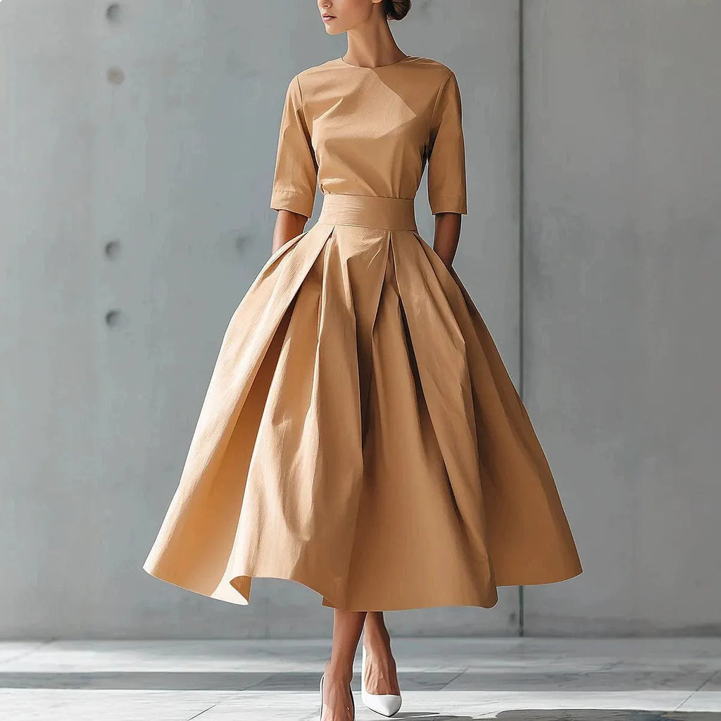 Casual V-Neck Dress – Short Sleeve Solid Color, Spring & Summer