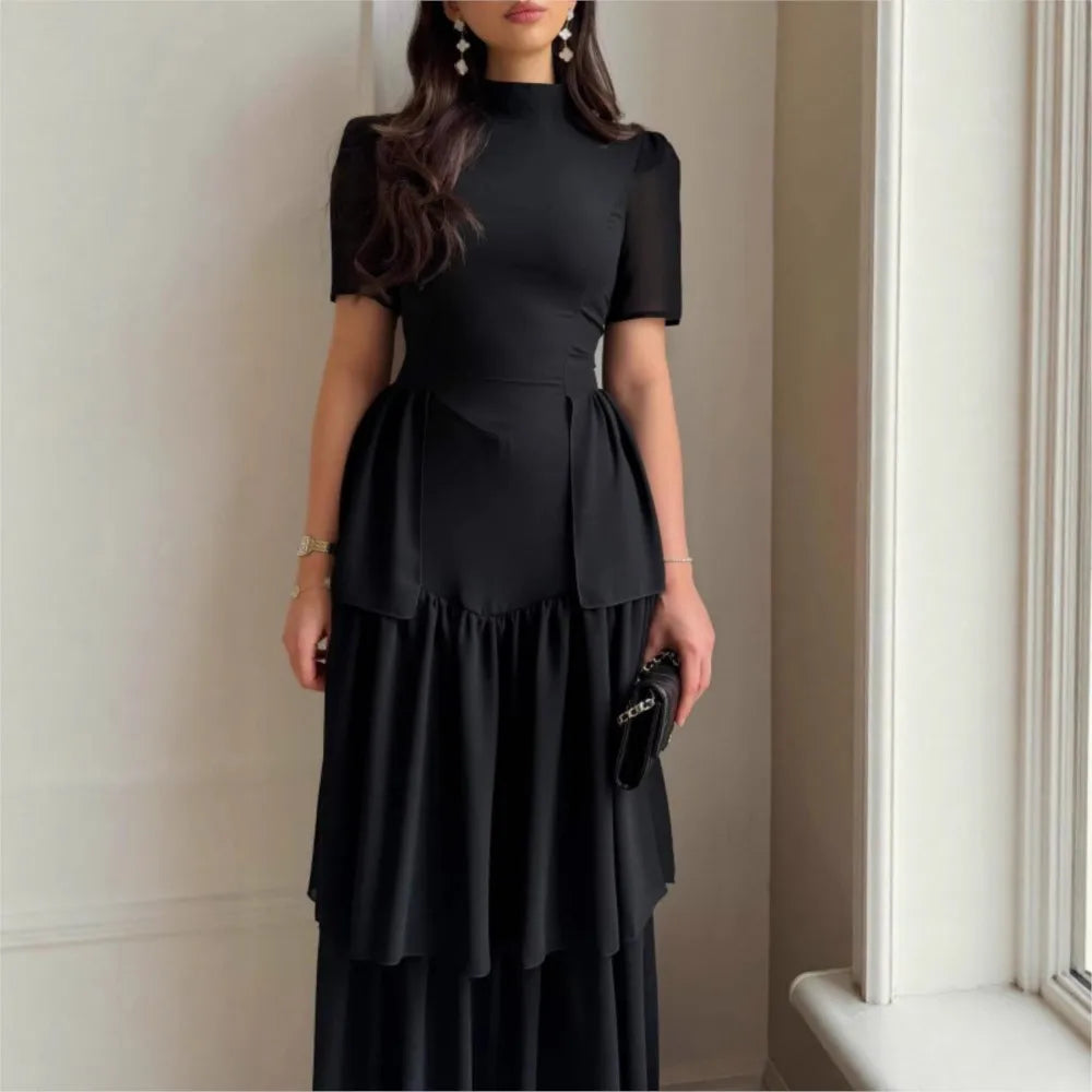 Women's Pleated Mid-Calf Dress – Short Sleeve Slim Fit Solid Color Dress