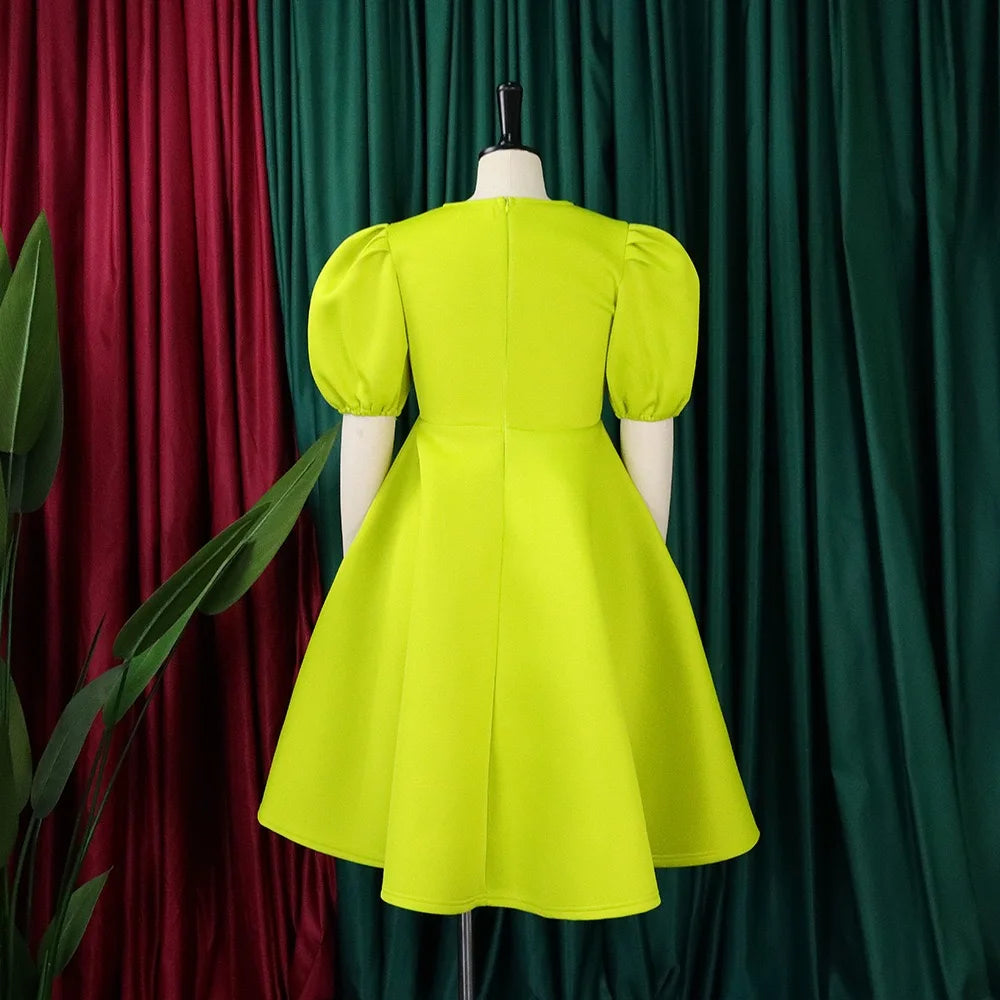 O-Neck Pleated Party Dress – Short Sleeve High-Waisted Mid-Calf Birthday Dinner Dress