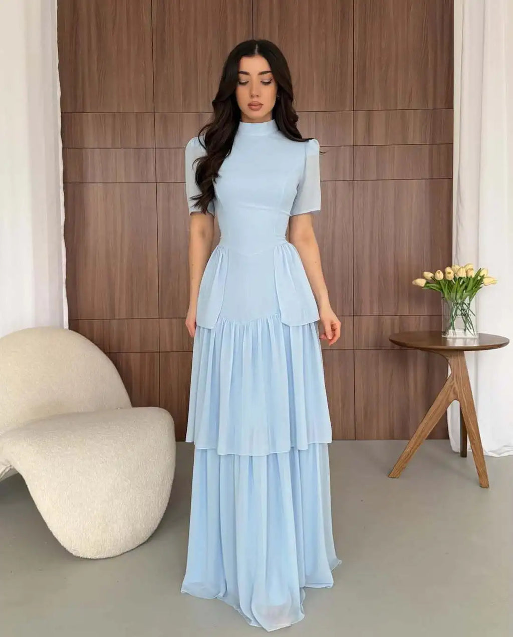 Women's Pleated Mid-Calf Dress – Short Sleeve Slim Fit Solid Color Dress